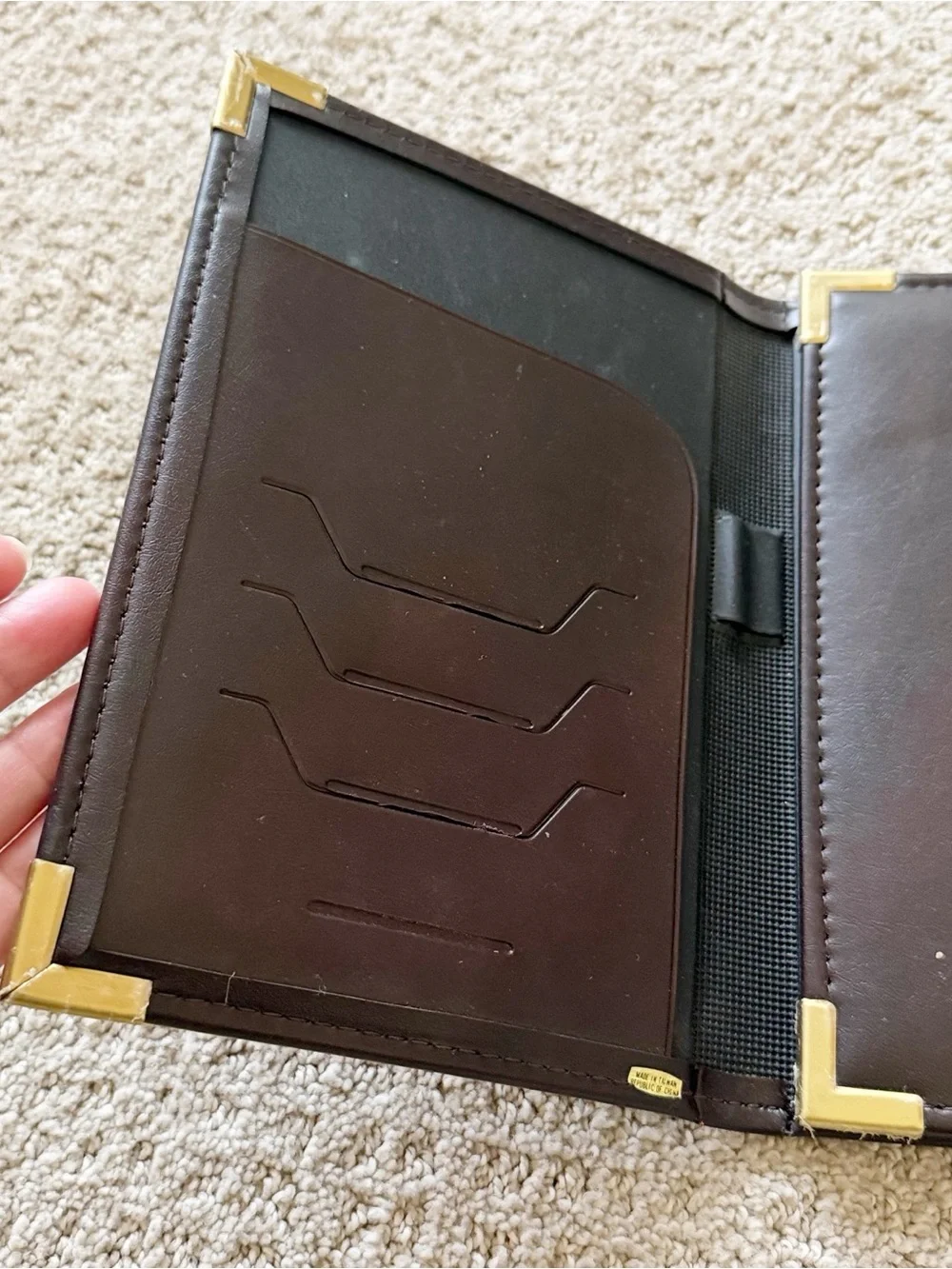 Small Brown Leather Portfolio Padfolio Organizer Taiwan Card Paper Gold Corners